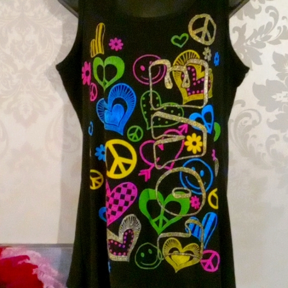 Dreamgirl Tops - Dreamgirl Black Tank Top with Colorful Peace Graphics